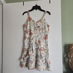 Linen Rayon Cream Floral Faux Wrap Mini Dress